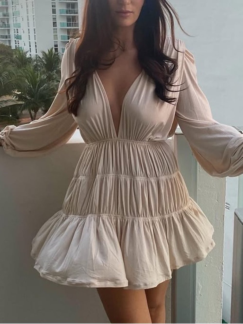 Indah Francesca dress Cream V‑Neck Tiered Mini